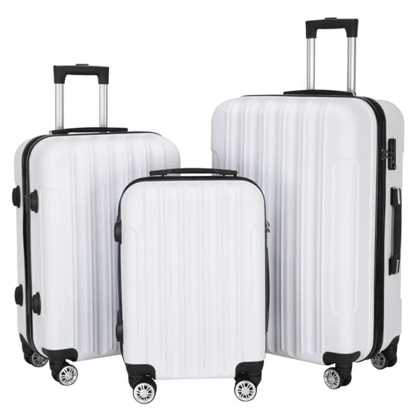 Set of three white hard-shell spinner suitcases with black trim and wheels for easy mobility.