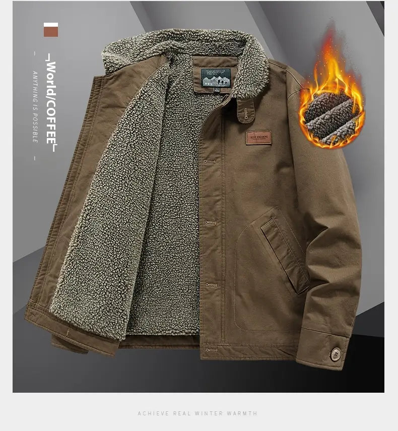 mens fleece lined winter cotton jacket in brown with shearling lining, quilted textured interior, and sturdy fabric exterior for cold weather use