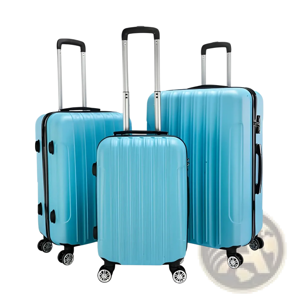 Set of three light blue textured rolling hardshell suitcases with black trim and silver telescoping handles