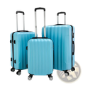 Set of three light blue textured rolling hardshell suitcases with black trim and silver telescoping handles
