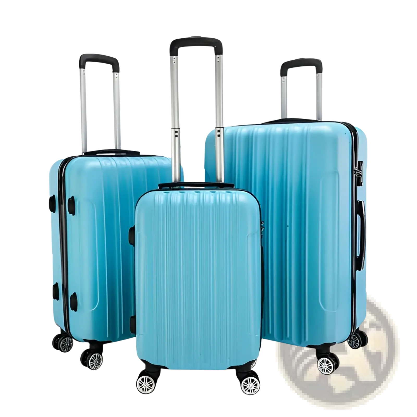 Set of three light blue textured rolling hardshell suitcases with black trim and silver telescoping handles
