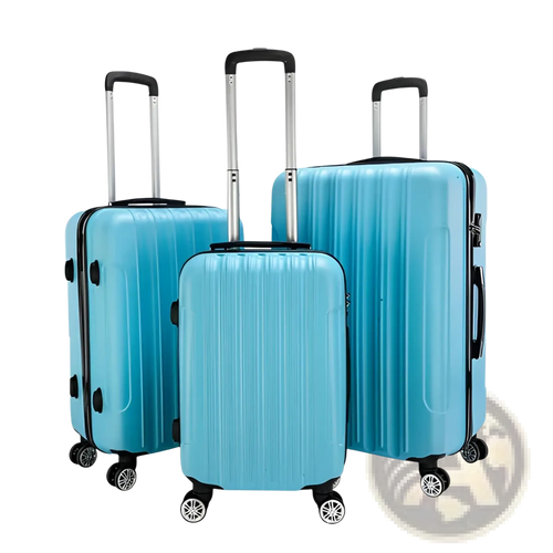 Set of three light blue textured rolling hardshell suitcases with black trim and silver telescoping handles