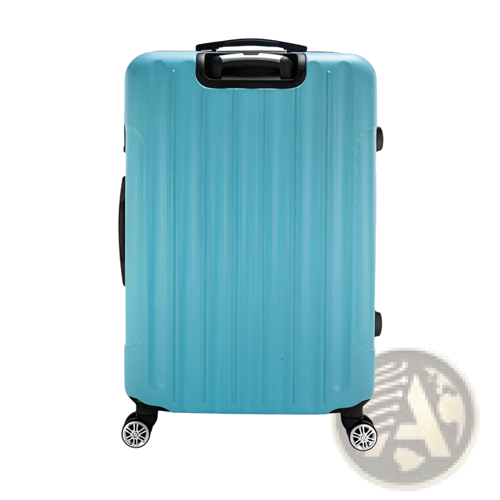 Turquoise hard-shell rolling suitcase with vertical ribbed texture black retractable handle spinner wheels side handles