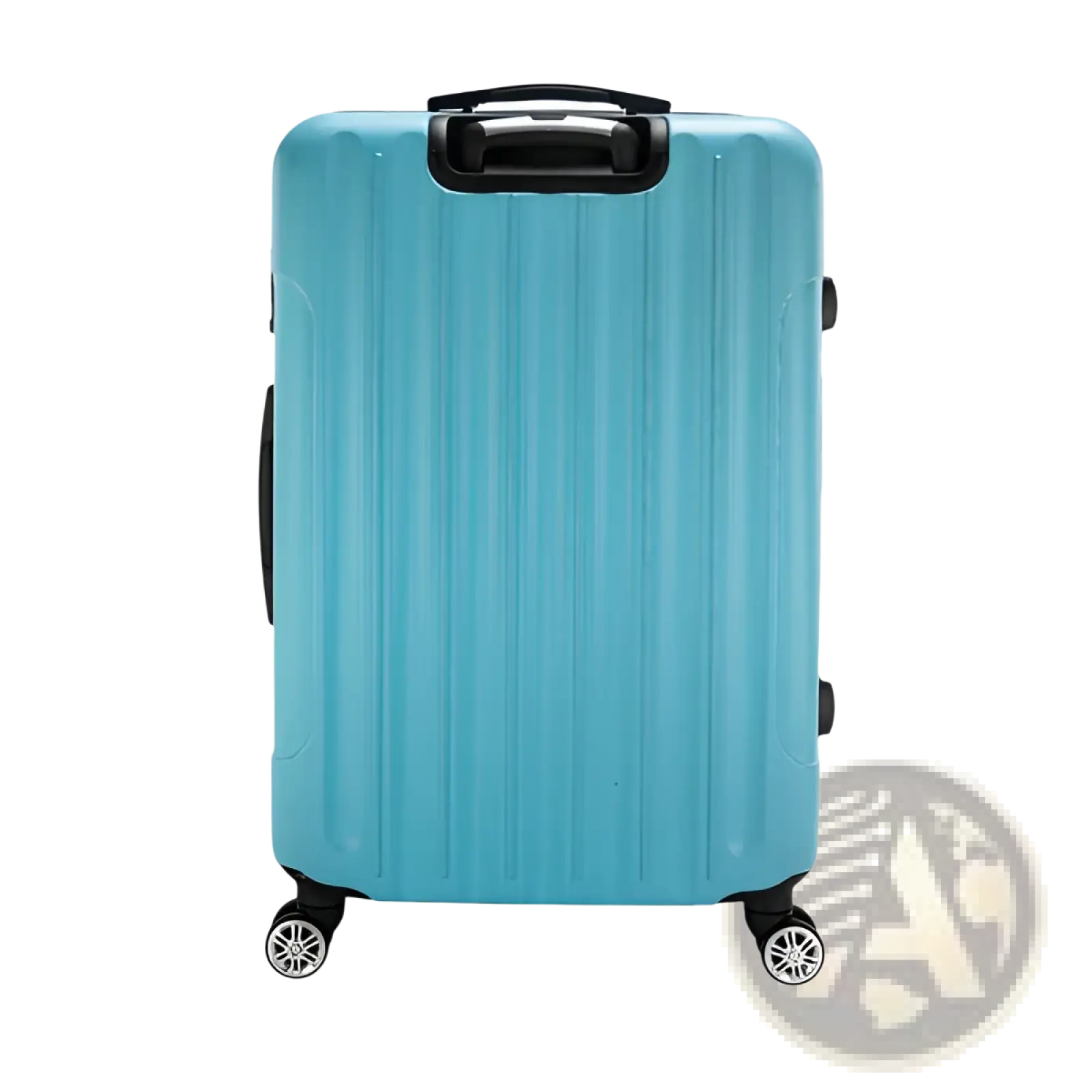Turquoise hard-shell rolling suitcase with vertical ribbed texture black retractable handle spinner wheels side handles