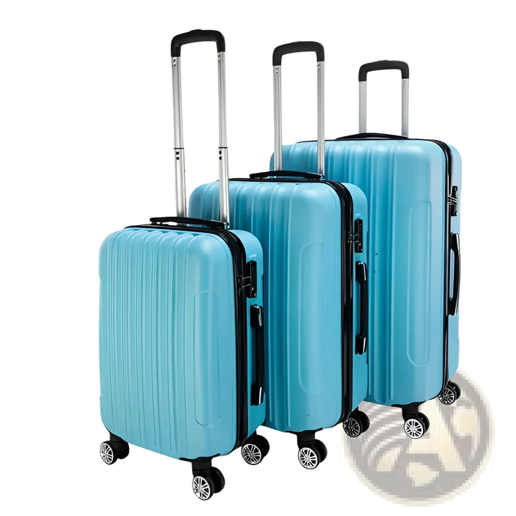 Set of three light blue textured rolling hardshell suitcases with black trim and silver spinner wheels