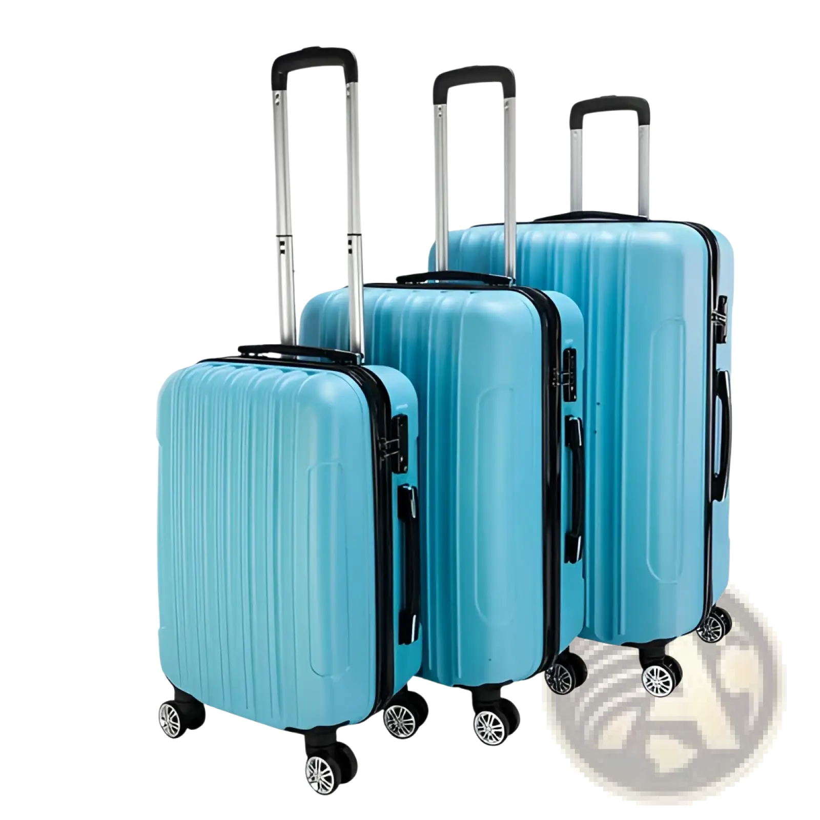 Set of three light blue textured rolling hardshell suitcases with black trim and silver spinner wheels