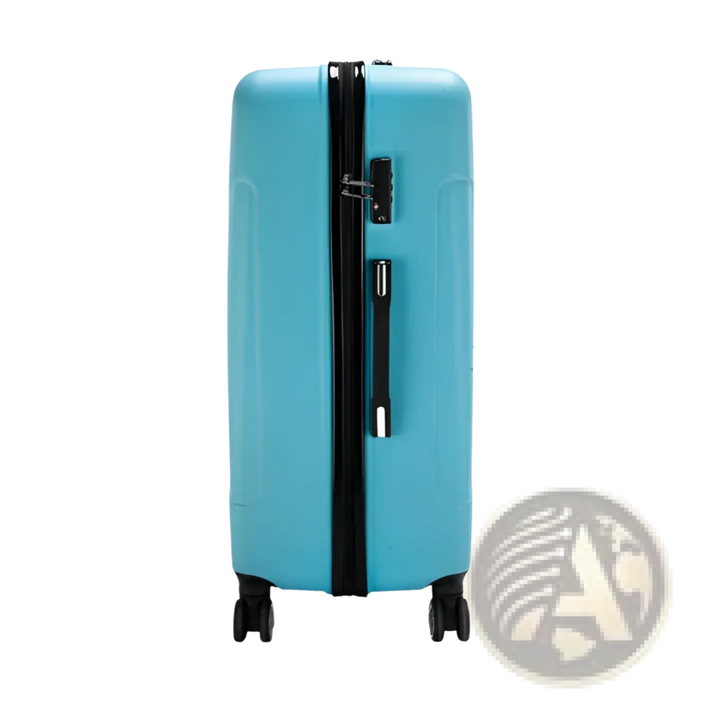 A sleek light blue textured rolling hardshell suitcase with black zippers and wheels from a 3-in-1 set