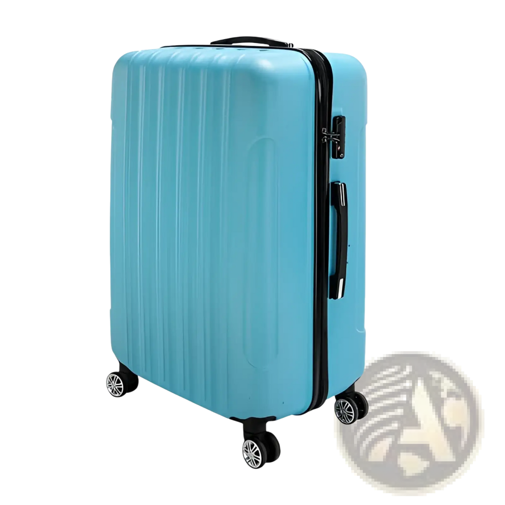 A sleek light blue 3-in-1 textured rolling hardshell suitcase with vertical ridges and black trim