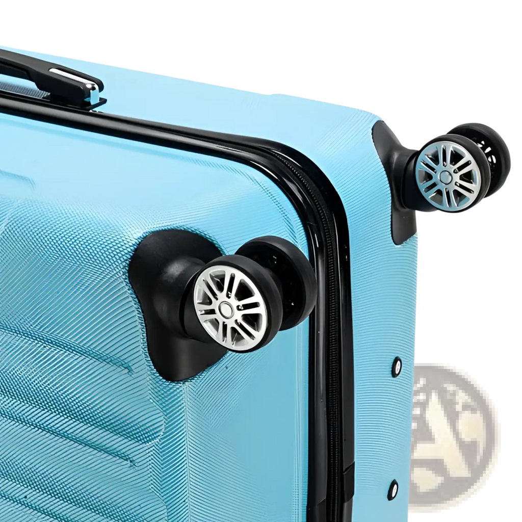 Light blue textured rolling hardshell suitcase with black trim and dual spinner wheels from a 3-in-1 set