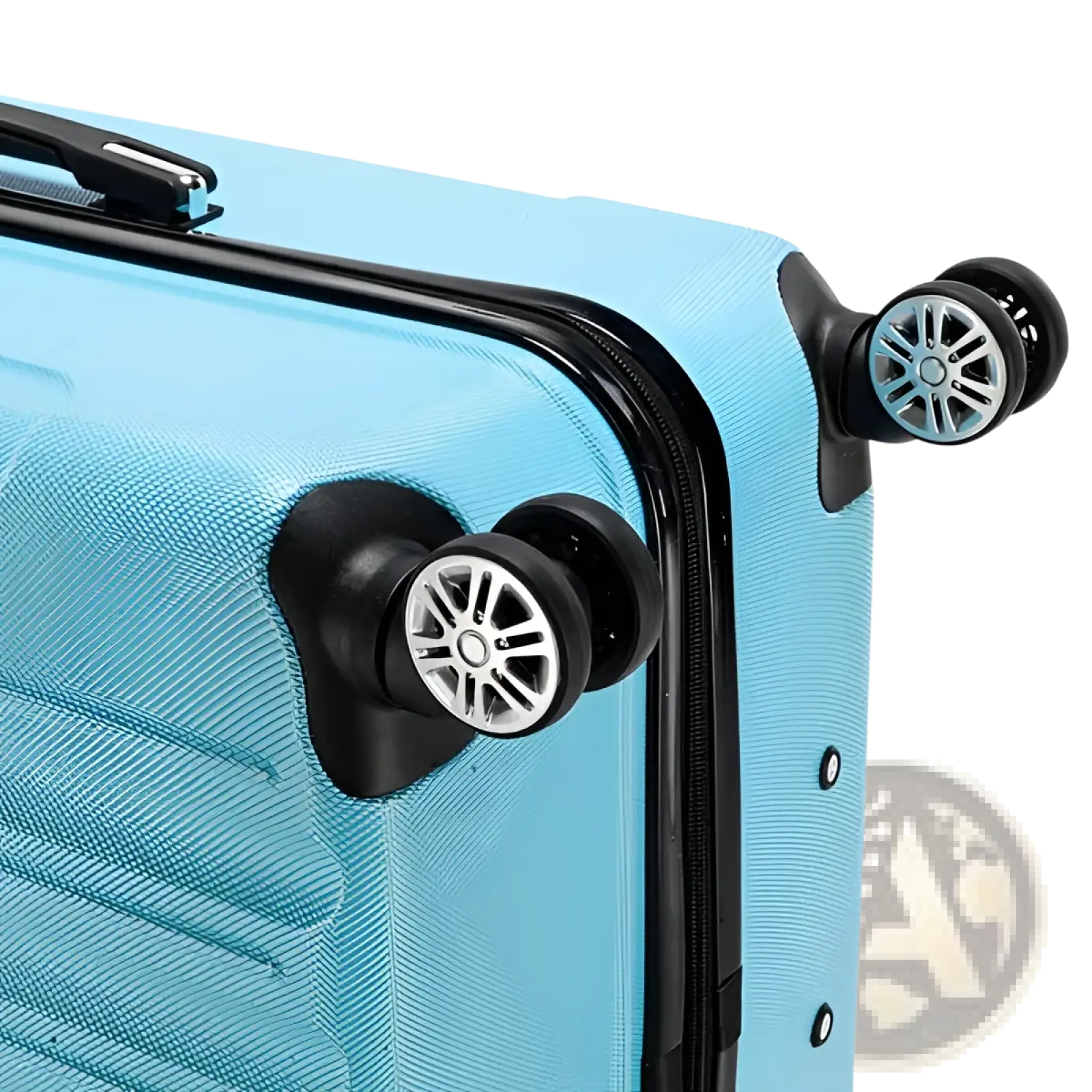 Light blue textured rolling hardshell suitcase with black trim and dual spinner wheels from a 3-in-1 set