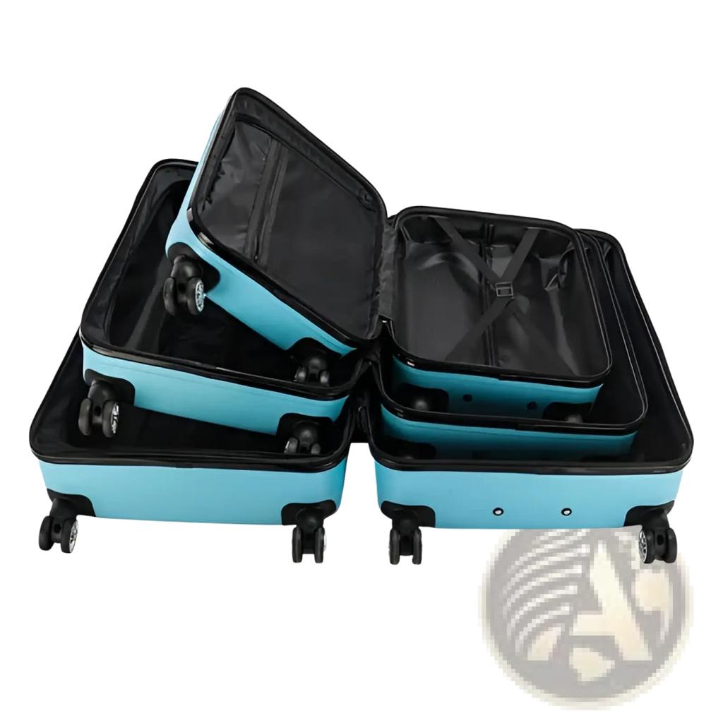 Set of three light blue textured rolling hardshell suitcases with black interiors and wheels for travel use