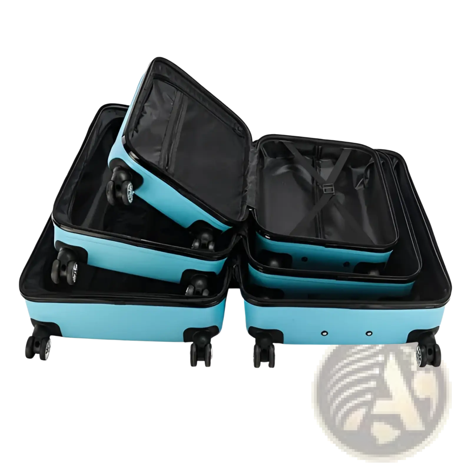 Set of three light blue textured rolling hardshell suitcases with black interiors and wheels for travel use