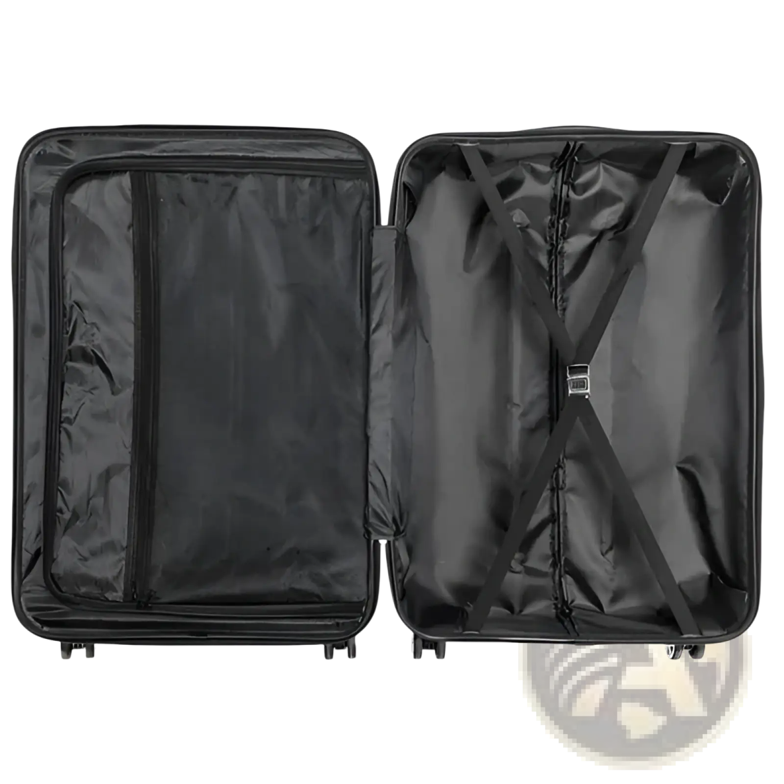 Black hard-shell 3-in-1 textured rolling suitcase with interior compartments and retractable wheels for travel use