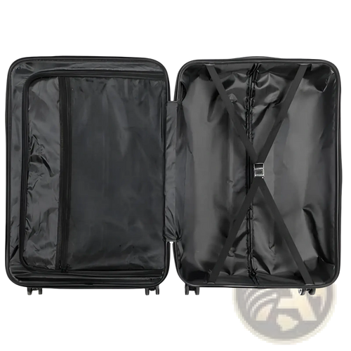 Black hard-shell 3-in-1 textured rolling suitcase with interior compartments and retractable wheels for travel use