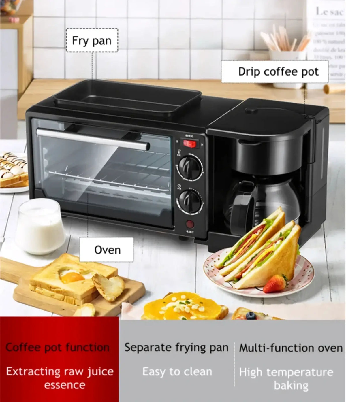 Black 3 in 1 breakfast station with multi-function oven, integrated drip coffee pot, and separate frying pan