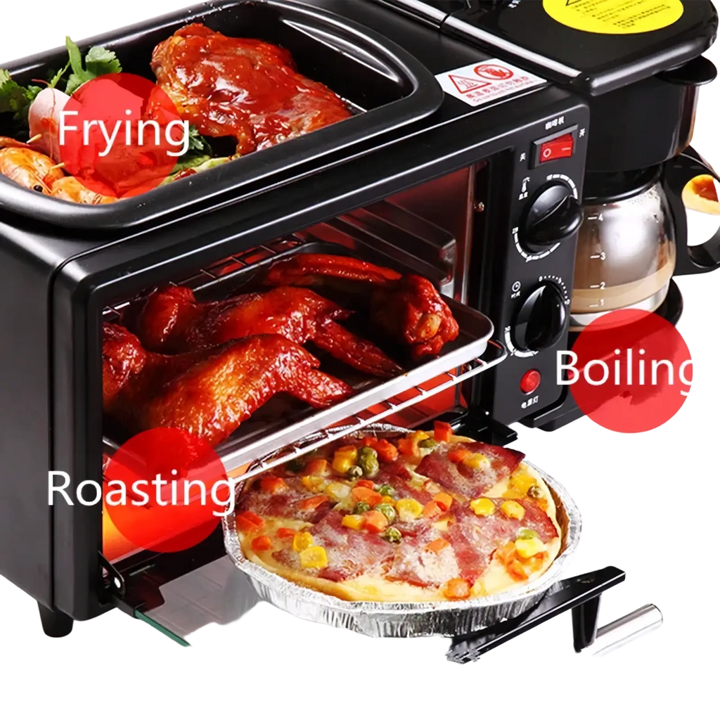 Black 3 in 1 breakfast station with frying, roasting, and boiling compartments for versatile kitchen use