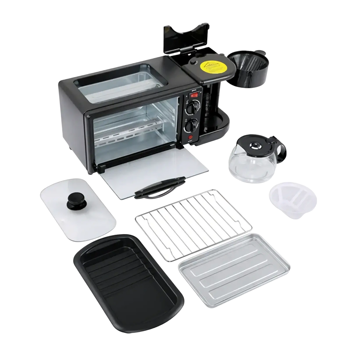 Black 3 in 1 breakfast station toaster oven with built-in coffee maker, glass carafe, metal rack, and baking trays