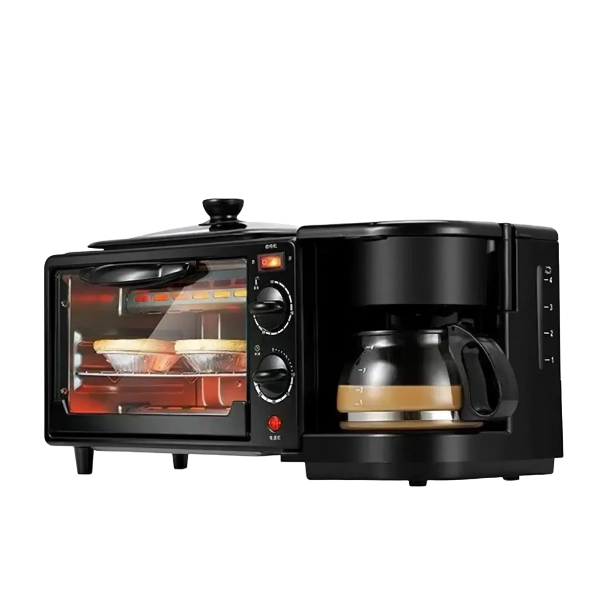 Black 3 in 1 breakfast station coffee maker and toaster oven with glass carafe and control knobs
