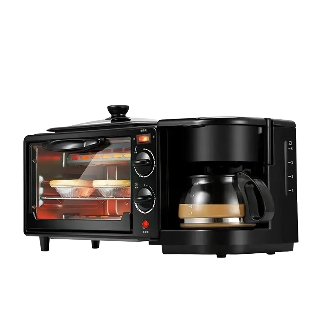 Black 3 in 1 breakfast station coffee maker and toaster oven with glass carafe and control knobs for multifunctional use