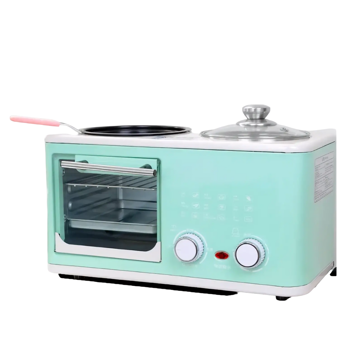 Mint green 3 in 1 breakfast station with glass door oven stovetop surface and control knobs for versatile kitchen use