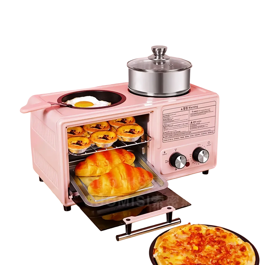 Pink 3 in 1 breakfast station coffee maker and toaster oven with glass lid pot frying pan and oven compartments holding pastries