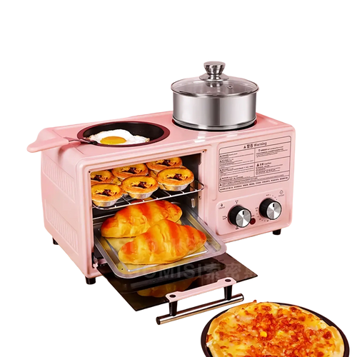 Pink 3 in 1 breakfast station coffee maker and toaster oven with glass lid pot frying pan and oven compartments holding pastries