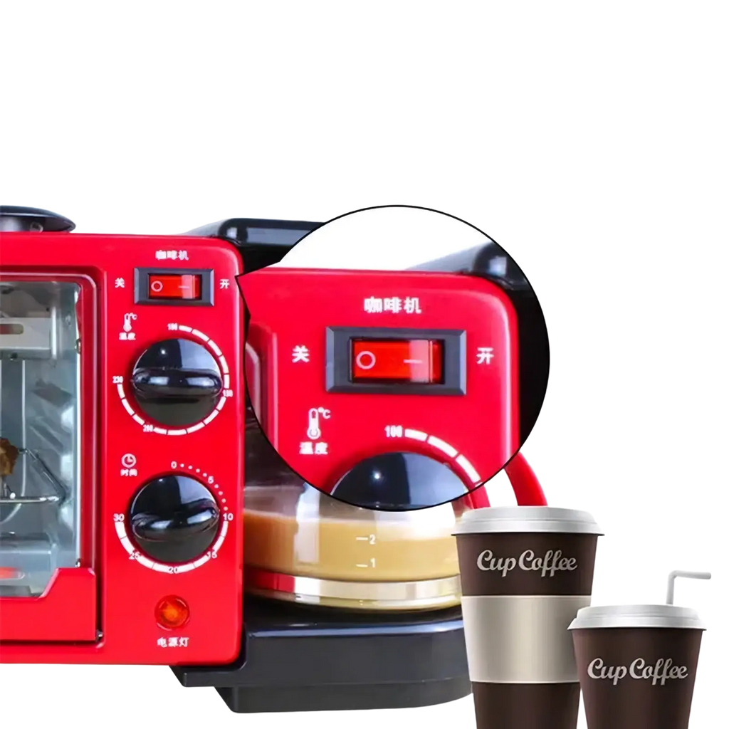 Red 3 in 1 breakfast station coffee maker and toaster oven with black control knobs and illuminated switches