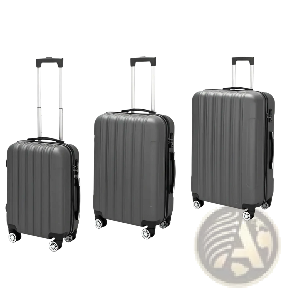 Set of three dark gray hard shell spinner suitcases with vertical ridges extendable handles and spinner wheels