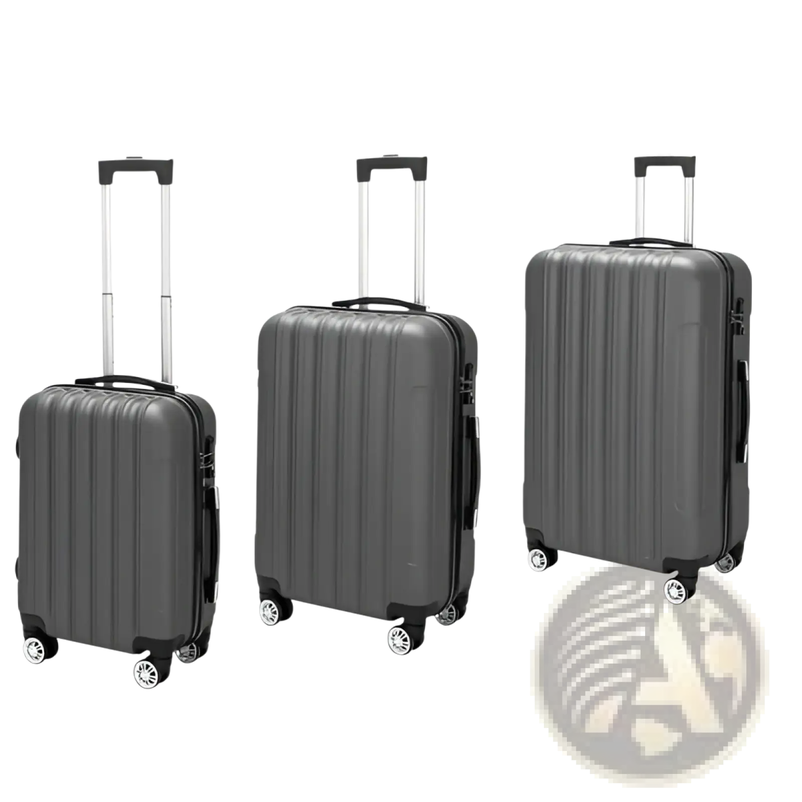 Set of three dark gray hard shell spinner suitcases with vertical ridges extendable handles and spinner wheels