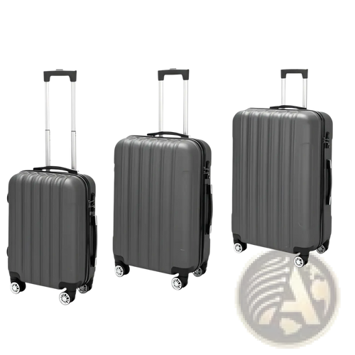 Set of three dark gray hard shell spinner suitcases with vertical ridges extendable handles and spinner wheels