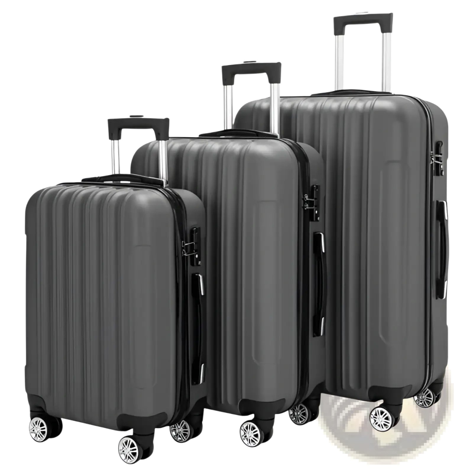 Set of three dark gray hard shell spinner suitcases with black handles and silver wheels in 3-in-1 luggage set