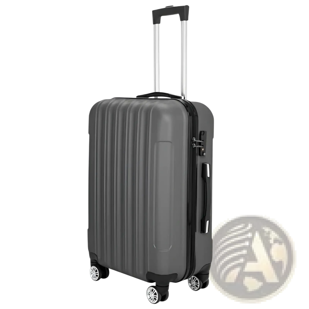 Dark gray hard shell spinner suitcase with vertical ridges black handle and wheels part of 3-in-1 luggage set