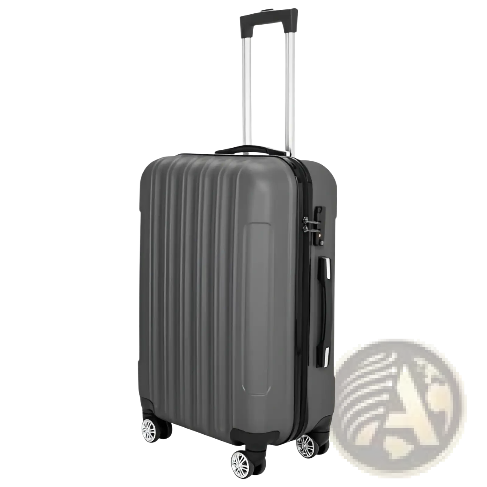 Dark gray hard shell spinner suitcase with vertical ridges black handle and wheels part of 3-in-1 luggage set