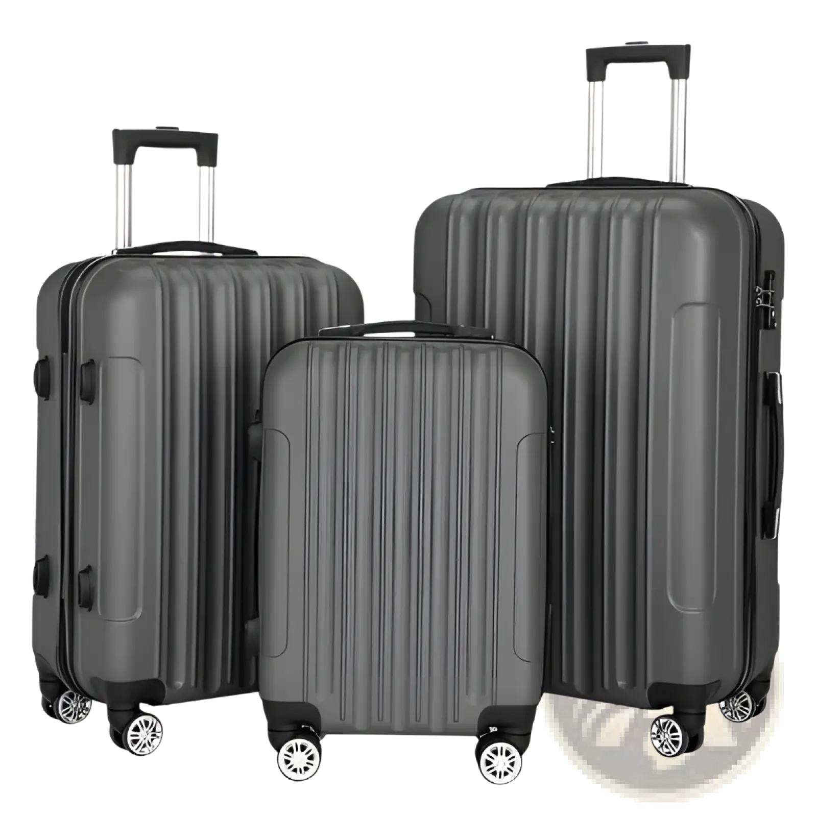 Set of three dark gray hard shell spinner suitcases with vertical ribbed design and silver spinner wheels