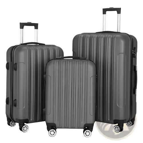 Set of three dark gray hard shell spinner suitcases with vertical ribbed design and silver spinner wheels