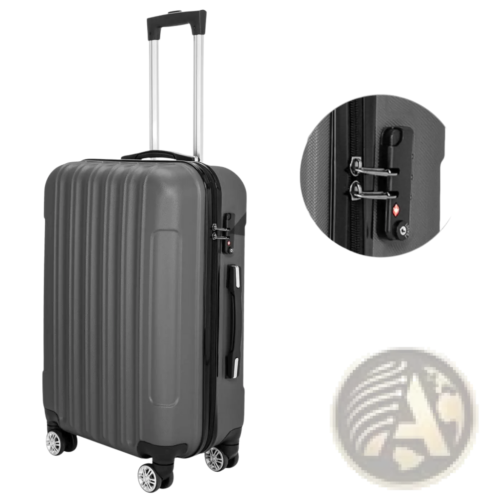 Gray hard-shell spinner suitcase with vertical ribbed texture black handle and wheels from 3-in-1 dark gray luggage set