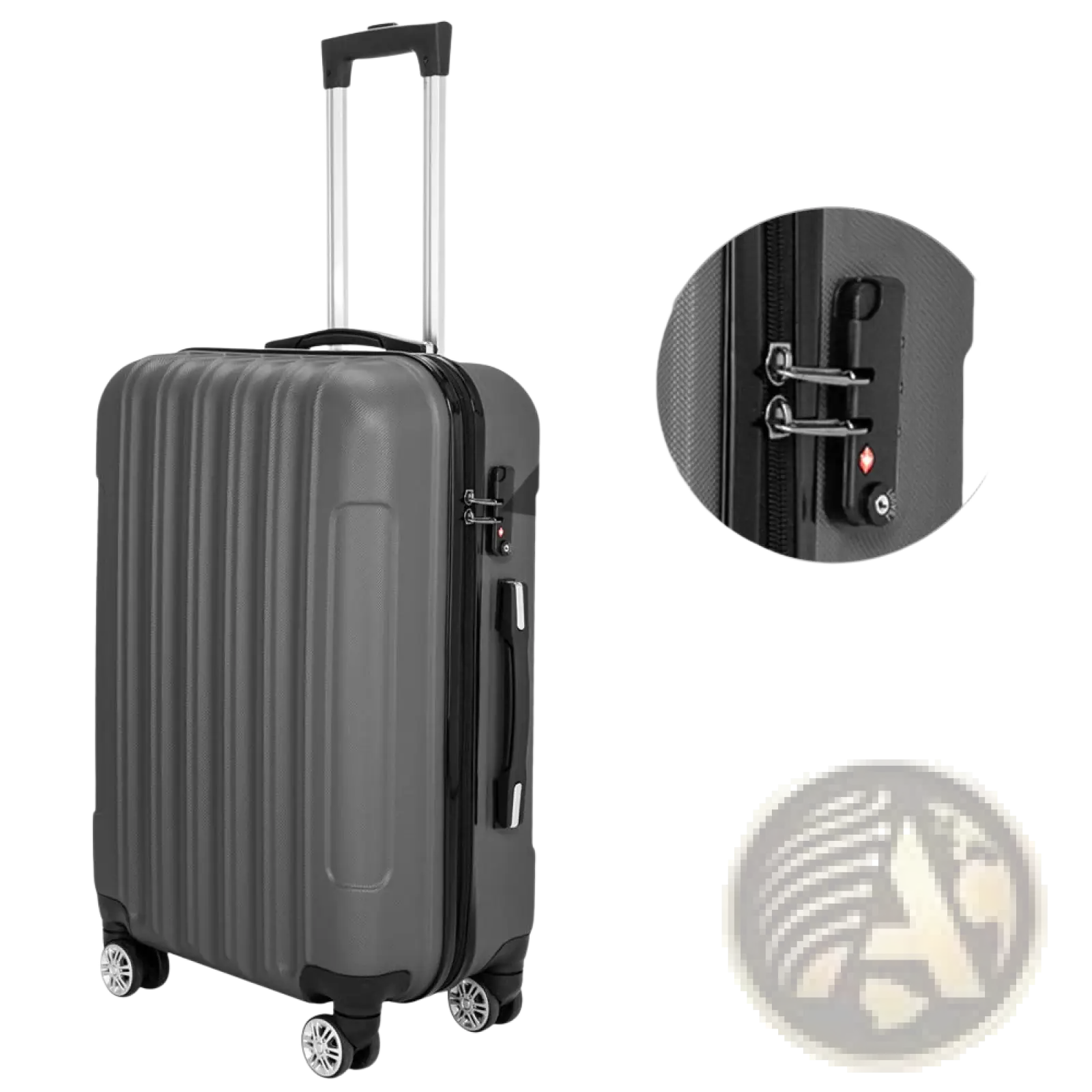 Gray hard-shell spinner suitcase with vertical ribbed texture black handle and wheels from 3-in-1 dark gray luggage set