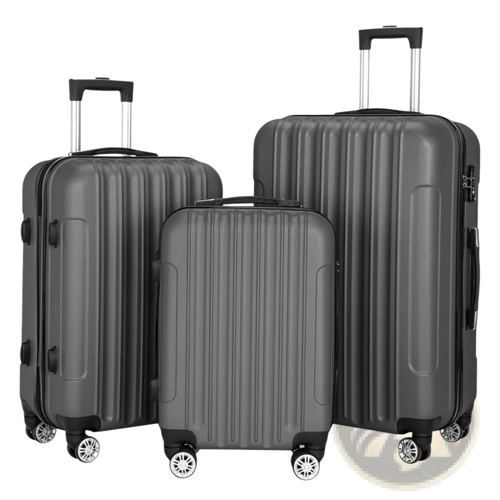 Set of three dark gray hardshell spinner suitcases with vertical ribbed design and black wheels