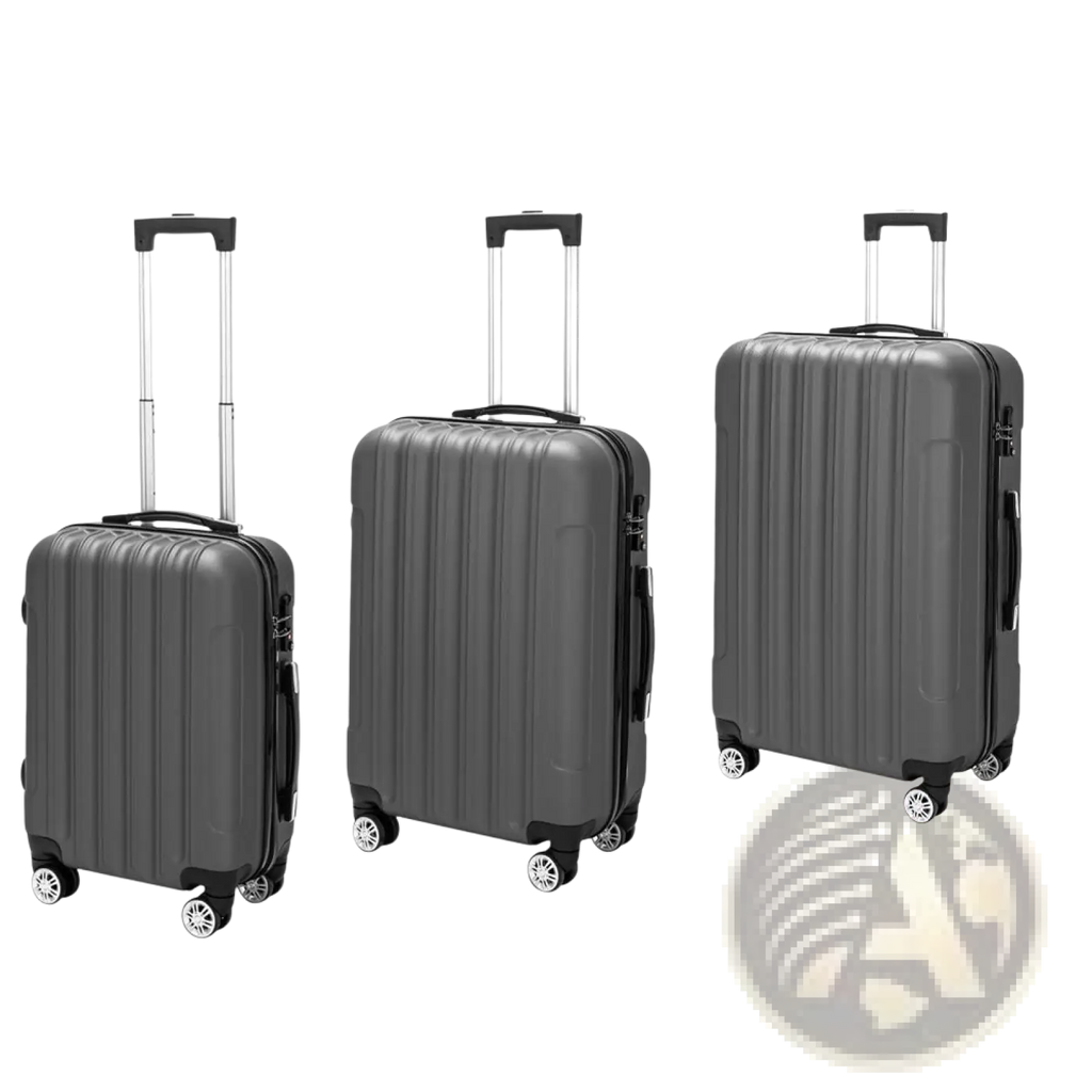 Set of three dark gray hardshell spinner luggage with vertical ridges black handles silver telescoping pulls and four wheels