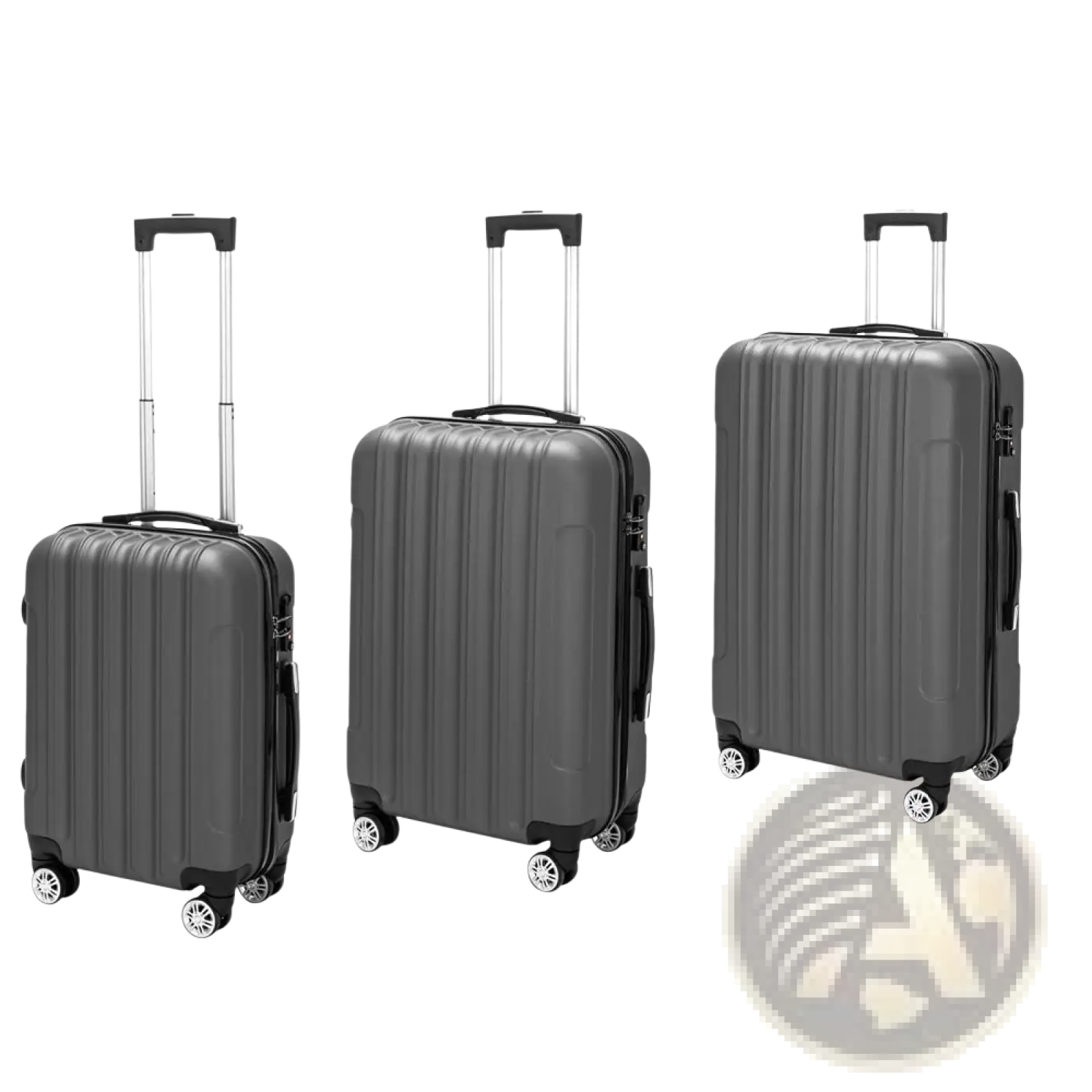 Set of three dark gray hardshell spinner luggage with vertical ridges black handles silver telescoping pulls and four wheels