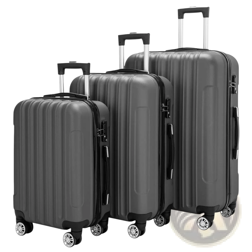Set of three dark gray hardshell spinner luggage with vertical ridges black handles silver wheels and telescoping handles