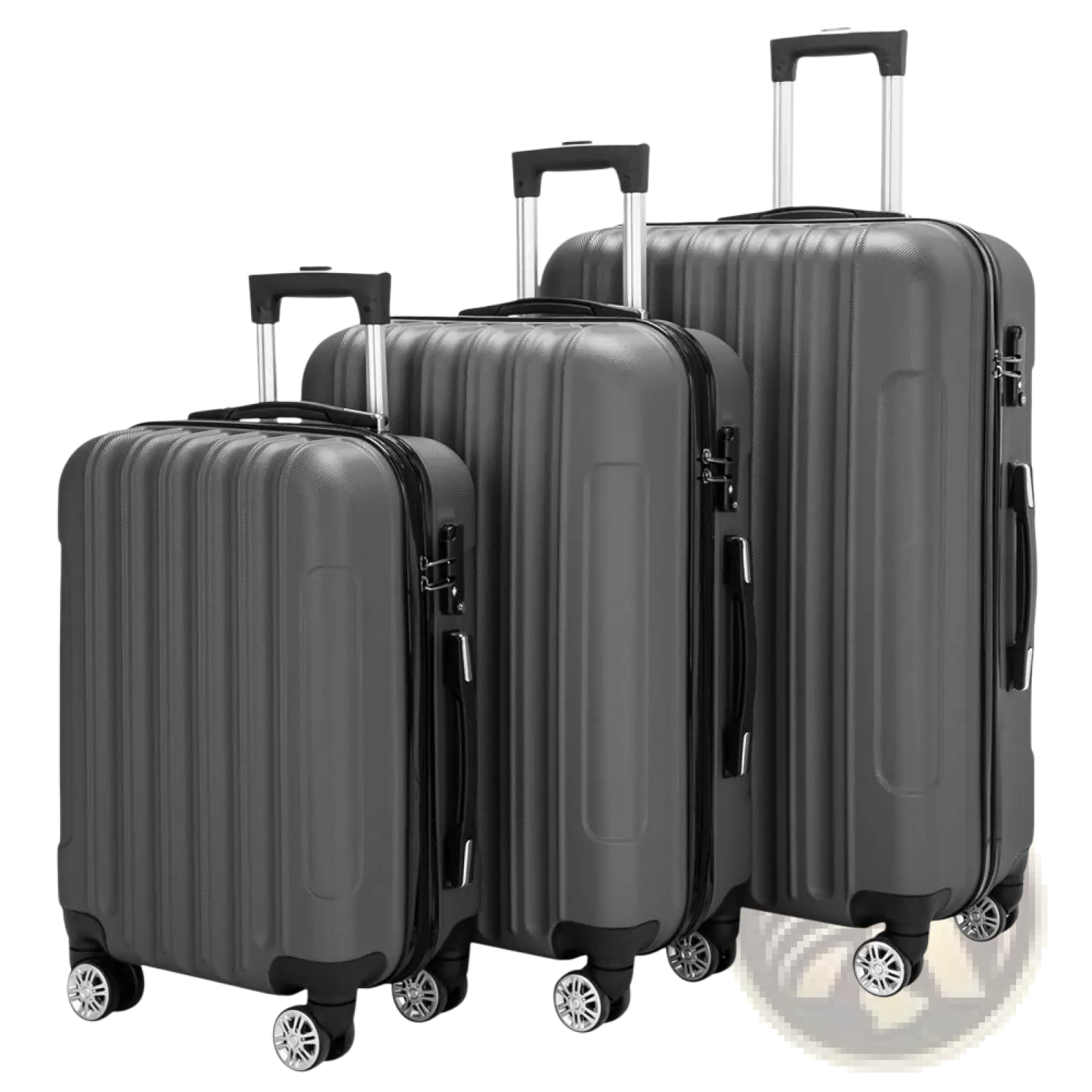 Set of three dark gray hardshell spinner luggage with vertical ridges black handles silver wheels and telescoping handles
