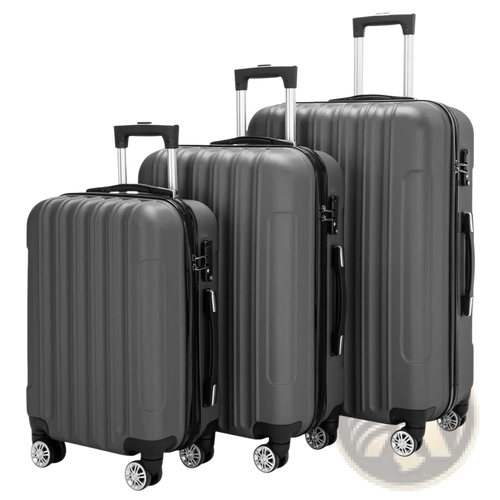 Set of three dark gray hardshell spinner luggage with vertical ridges black handles silver wheels and telescoping handles