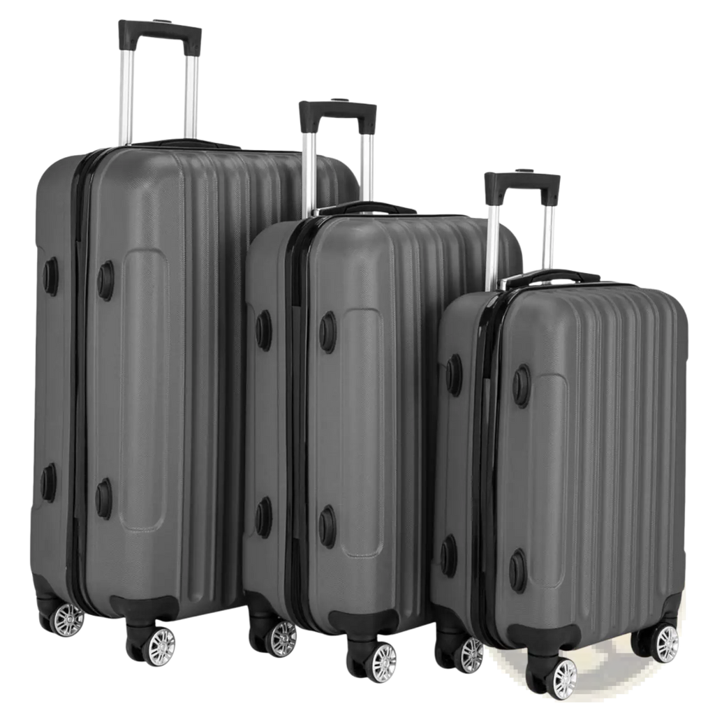 Set of three dark gray hardshell spinner suitcases with black trim and silver wheels in a 3-in-1 luggage set