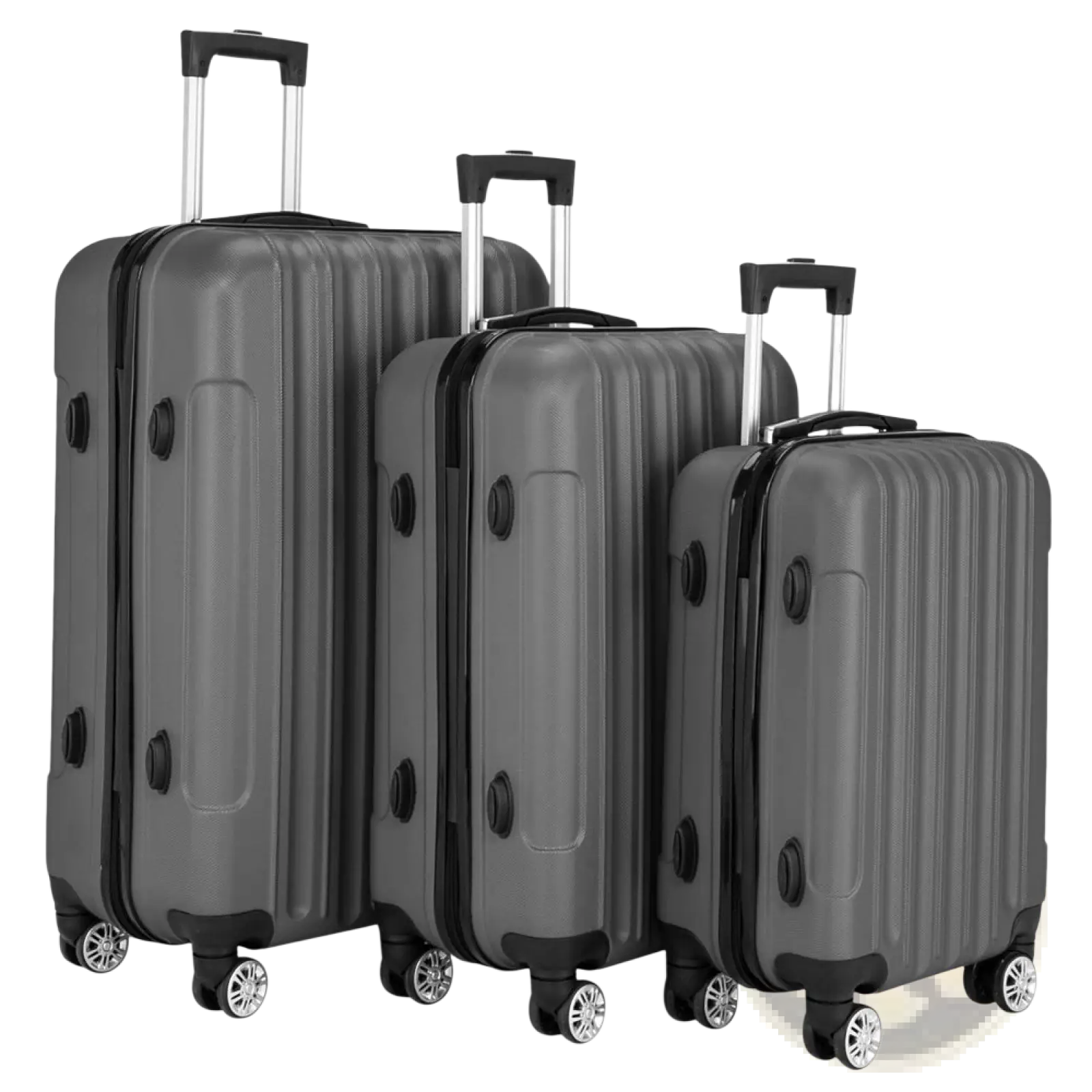 Set of three dark gray hardshell spinner suitcases with black trim and silver wheels in a 3-in-1 luggage set