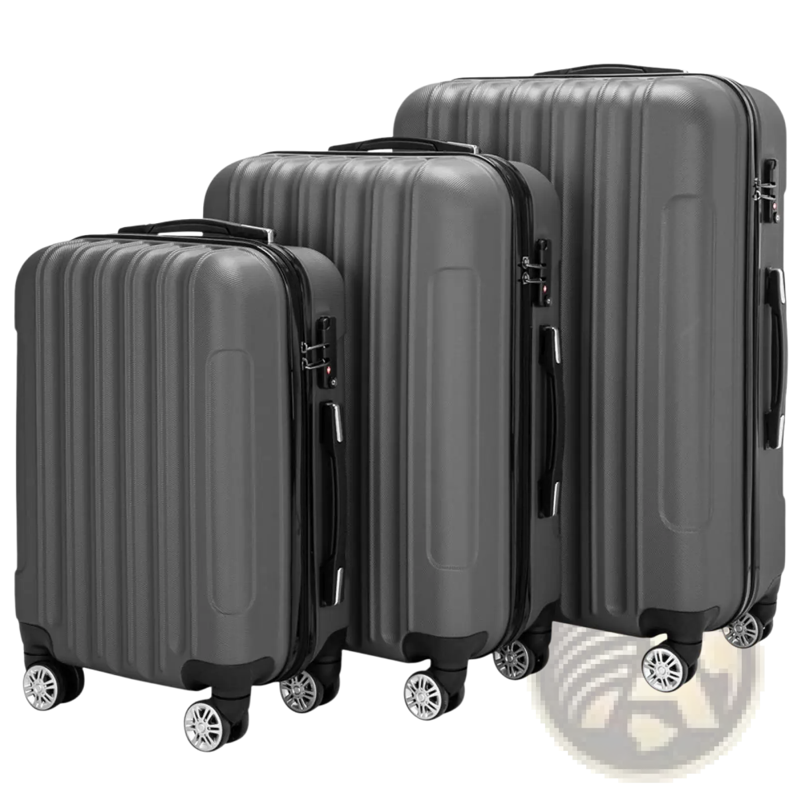 Set of three dark gray hard-shell spinner suitcases with black zippers and silver wheels in a 3-in-1 luggage set