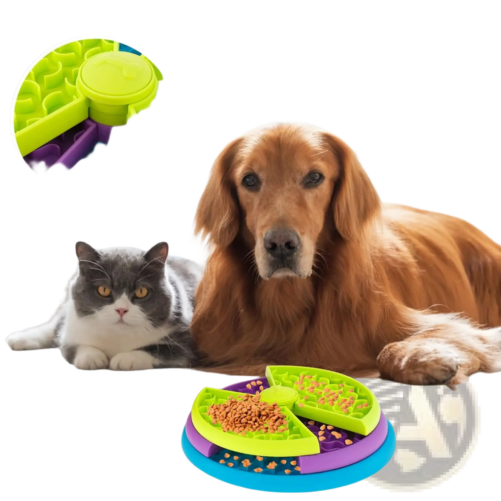 Multicolored silicone 3-in-1 dog feeder puzzle and lick mat slow feeder bowl with smooth rounded edges and compartments