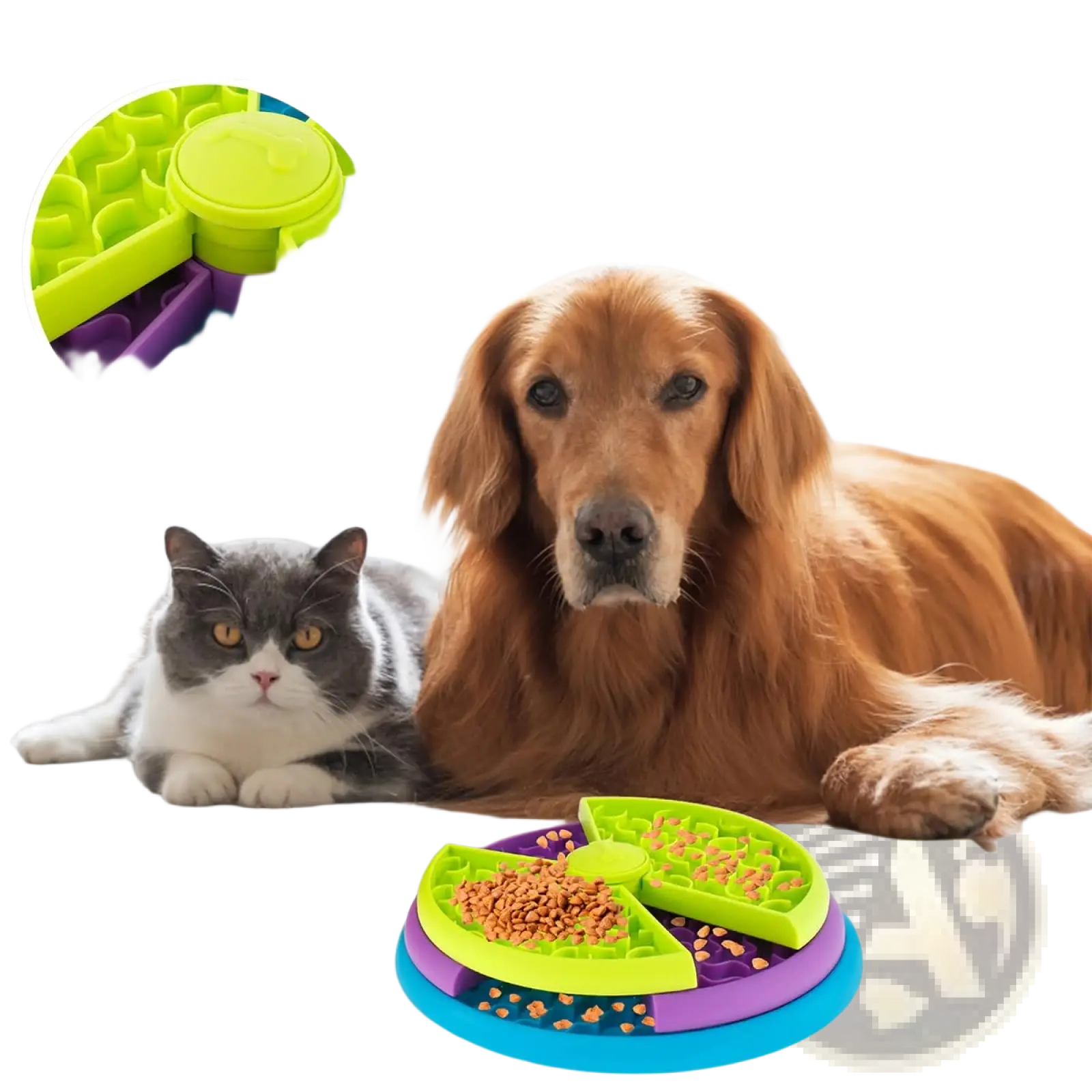 Multicolored silicone 3-in-1 dog feeder puzzle and lick mat slow feeder bowl with smooth rounded edges and compartments