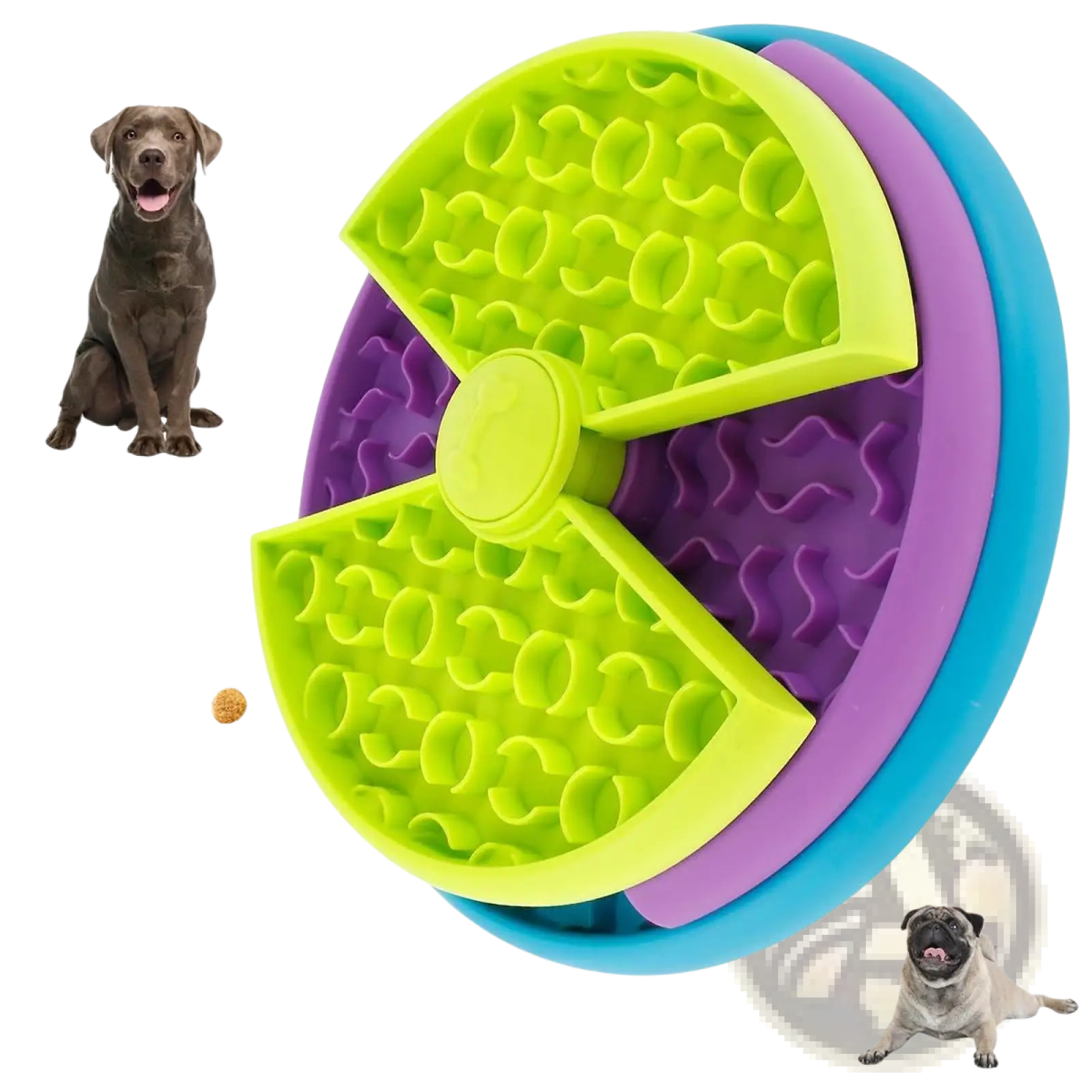 Multicolored silicone slow feeder for dogs with lime green and purple textured compartments in 3-in-1 feeder puzzle design