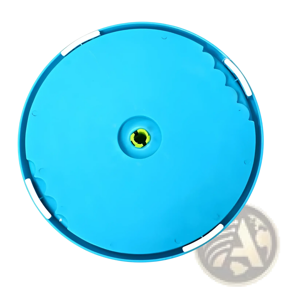 Bright blue plastic lid with yellow-green threaded hole and white scalloped edges for 3-in-1 dog feeder puzzle slow feeder bowl